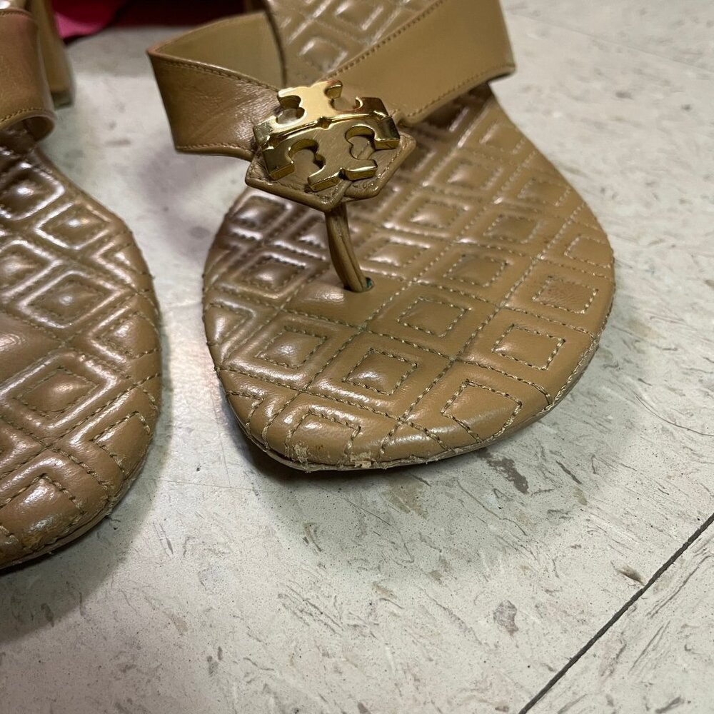 TORY BURCH Beige Nude Quilted Thong Mule Sandals Block Heel *RARE - Picture 13 of 14